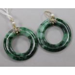 A pair of spinach jade, rose cut diamond and cultured pearl set hoop earrings, 36mm.