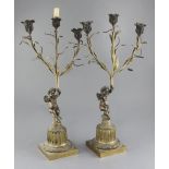 A pair of 19th century French bronze candelabra, modelled with cherubs holding aloft lilies, 23in.