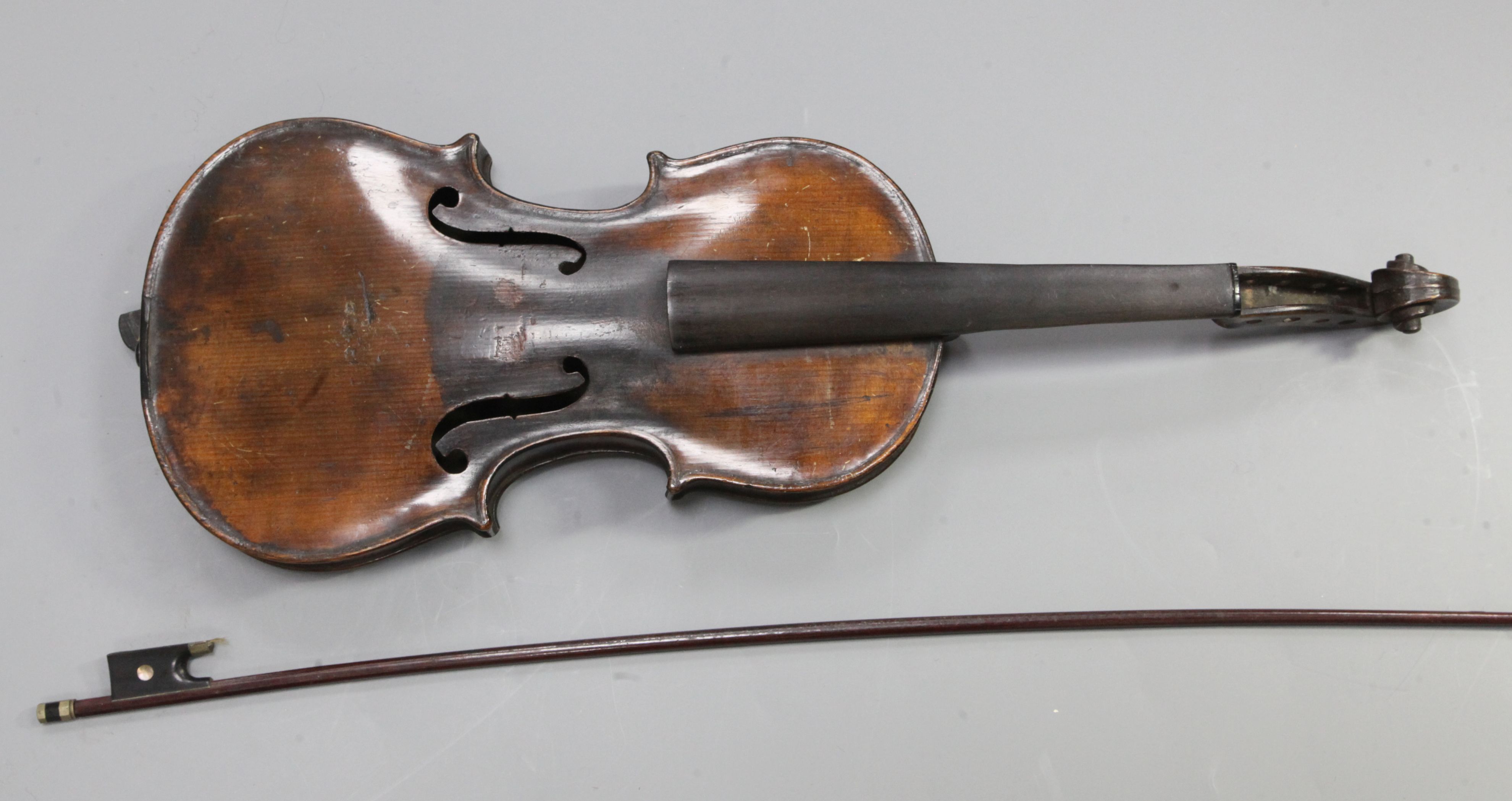 Attributed to Richard Duke. An antique violin with two piece back, unlabelled but stamped Duke to