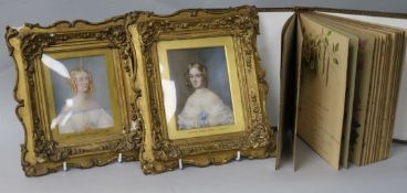 Two portrait miniatures of Jane and Sophia Hope-Vere c.1837 and a leather bound album of poems