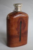A late Victorian silver topped leather mounted glass large hip flask, Wright & Davies, London, 1891,