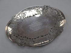 A George V silver shallow dish with pierced border, by Walker & Hall, 29cm, 16 oz.