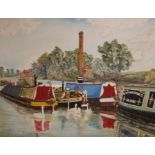 Bryan Whitham oil on canvas, Canal barges, signed, 85 x 110cm.