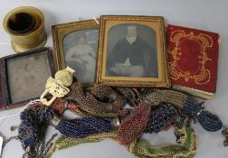 A collection of miscellaneous items and ephemera, including six 19th century mesh and beaded miser's