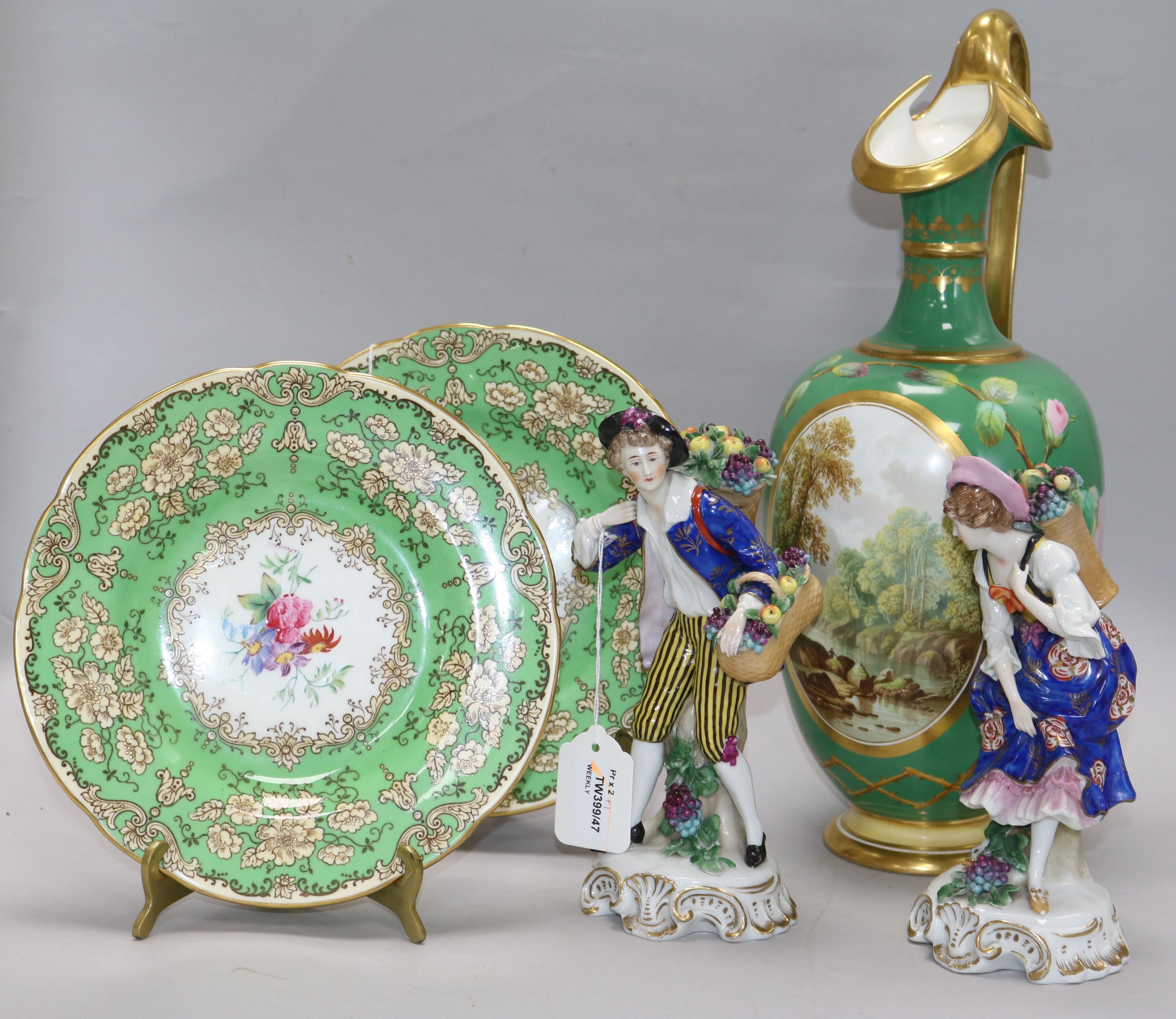 A pair of Samson figures of harvesters, a Victorian ewer and a pair of Wedgwood plates ewer height
