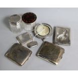 Two silver cigarette cases, an engine-turned match book holder and sundries, including a vesta case,