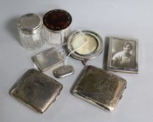 Two silver cigarette cases, an engine-turned match book holder and sundries, including a vesta case,