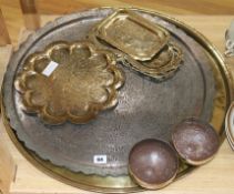 A group of Islamic and Oriental trays and metalware Diam 64cm