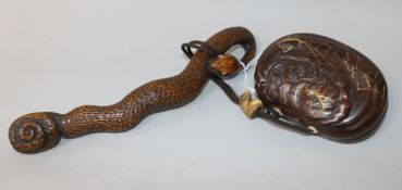 A Japanese carved wood 'snake' netsuke with single case inro and ojime inro 7cm, snake, 19cm.