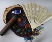 An Edwardian beadwork bag, Chinese scent bottle, telescope, and beads etc