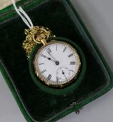 A Swiss 18ct engraved gold lady's pocket watch on 9ct gold fine chain.