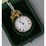 A Swiss 18ct engraved gold lady's pocket watch on 9ct gold fine chain.