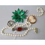 A single strand cultured pearl necklace with 14ct gold clasp and six other items of jewellery