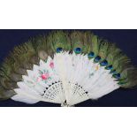 Two Chinese painted peacock feather and bone fans