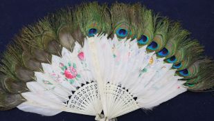 Two Chinese painted peacock feather and bone fans