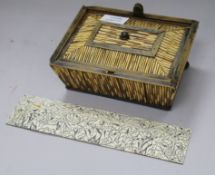 An Indian quill work box (a.f.) and 9 etched ivory Vizagapatam box panels 10 x 19cm