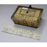 An Indian quill work box (a.f.) and 9 etched ivory Vizagapatam box panels 10 x 19cm