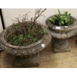 Two reconstituted garden urns W.60cm, 40cm