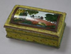 An 18th century French card box with painted landscape domed top 15cm.