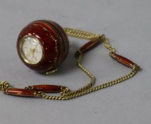 A Swiss silver gilt and enamel Nadine globe fob watch, with gilt metal chain with enamel spacers.