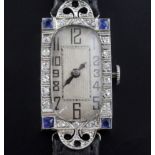 A lady's 1920's/1930's platinum, sapphire and diamond set cocktail watch, with rectangular Arabic