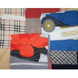 Two Hermes silk scarves and 3 others by Burberry, Aquascutum and Valentino