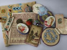 An early 19th century sampler dated 1822 , steel purse, various needle work items and a cased set of