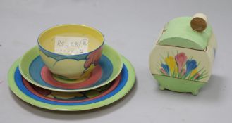 Clarice Cliff cows pattern jam pot and a Bizarre tree patterned trio H.12cm