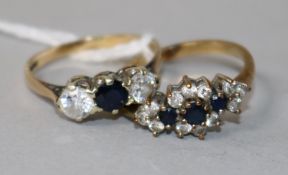 A 9ct gold, sapphire and diamond three-stone ring and a sapphire and diamond cluster ring