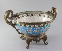 A Longwy chinoiserie ormolu mounted bowl, late 19th century, the interior decorated with floral