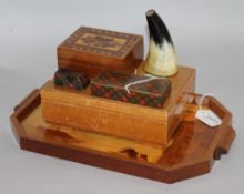 A Tartan Ware needle case and box, a late Tunbridge ware floral-decorated box and sundries,