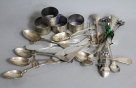 Assorted silver cutlery and a set of four silver napkin rings etc.