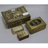 A Assyrian style embossed brass box and other brass boxes W.21.5cm & H.8cm