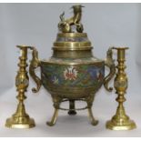 A Japanese champleve enamel and brass koro and a pair of brass candlesticks H.46ins