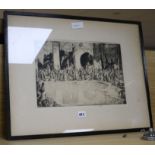 Charles William Cain (1893-1962) etching '....Bazaar', signed, label remnant verso 25 x 37cm.