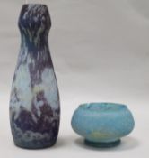 A modern blue/mauve ground tall glass vase, bears signature and a similar mottled blue circular