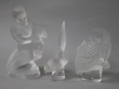 A Lalique frosted glass figure of Diana, with deer, a Lalique owl and a pheasant, all with etched