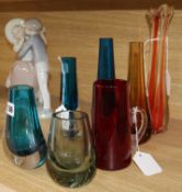 A Whitefriars ruby glass tankard, an 'elephant foot' vase and five other vases, including four