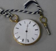 A yellow metal fob watch with Roman dial.