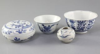 A Chinese blue and white box and cover and two bowls, 17th century, the box and cover and a bowl,