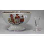 A Staffordshire pottery junket bowl and a firing glass Diam 25cm