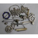 A mixed group of mainly silver items including South American? cross pendant, Scottish brooch and