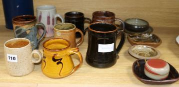 A group of studio pottery, vessels and dishes Tallest mug H.12.5cm