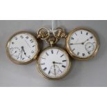 Three assorted gold plated pocket watches, including Waltham and Record Dreadnought.