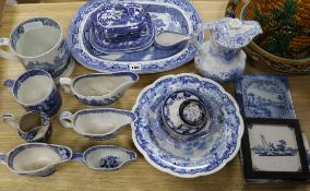 A collection of mainly 19th century Staffordshire blue and white pottery, together with various