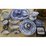 A collection of mainly 19th century Staffordshire blue and white pottery, together with various