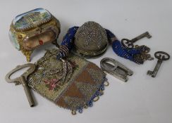 A Palais Royale casket, a Victorian purse/pin cushion and 2 beadwork purses (4)