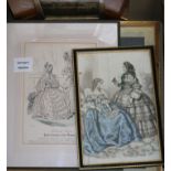 Six 19th century French coloured fashion engravings, a Japanese woodblock print and one other