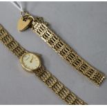 A 9ct gold wristwatch on gatelink bracelet, a similar bracelet with padlock clasp and a pair of