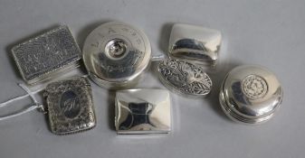 A collection of decorative small silver boxes, etc., including a 950 standard circular box and cover